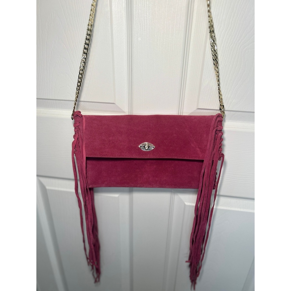 Nuciano Suede Fringe Crossbody Pink Boho Western Festival Chain Strap Clutch